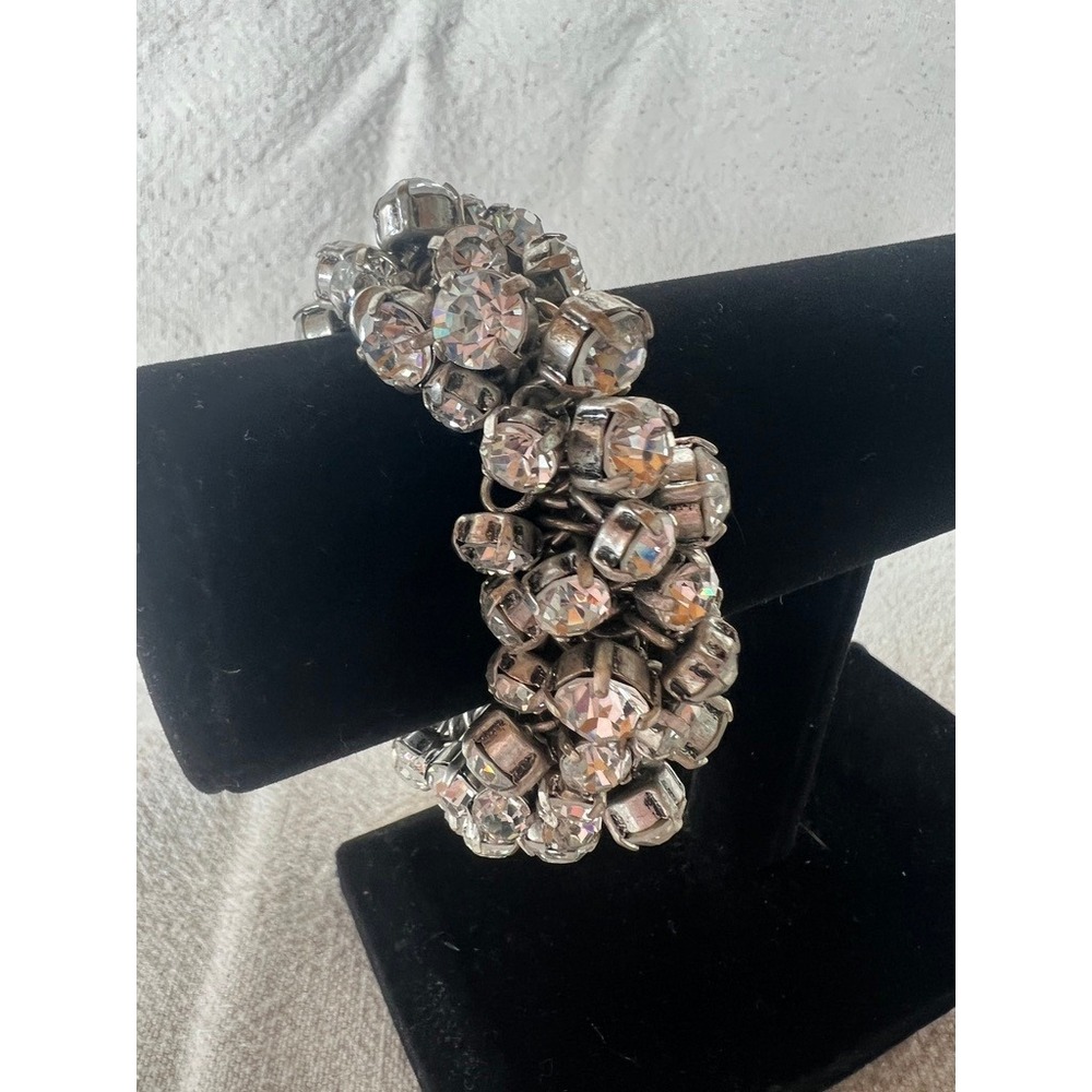 Rhinestone Cluster Stretch Bracelet Silver Clear Chunky Statement Glam Bridal